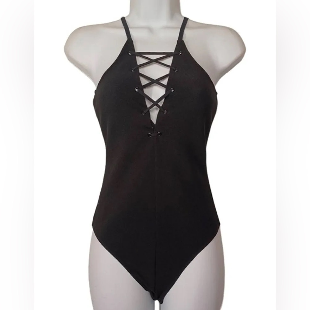 Express Lace Up Sleeveless Stretch Black Bodysuit Classy Chic